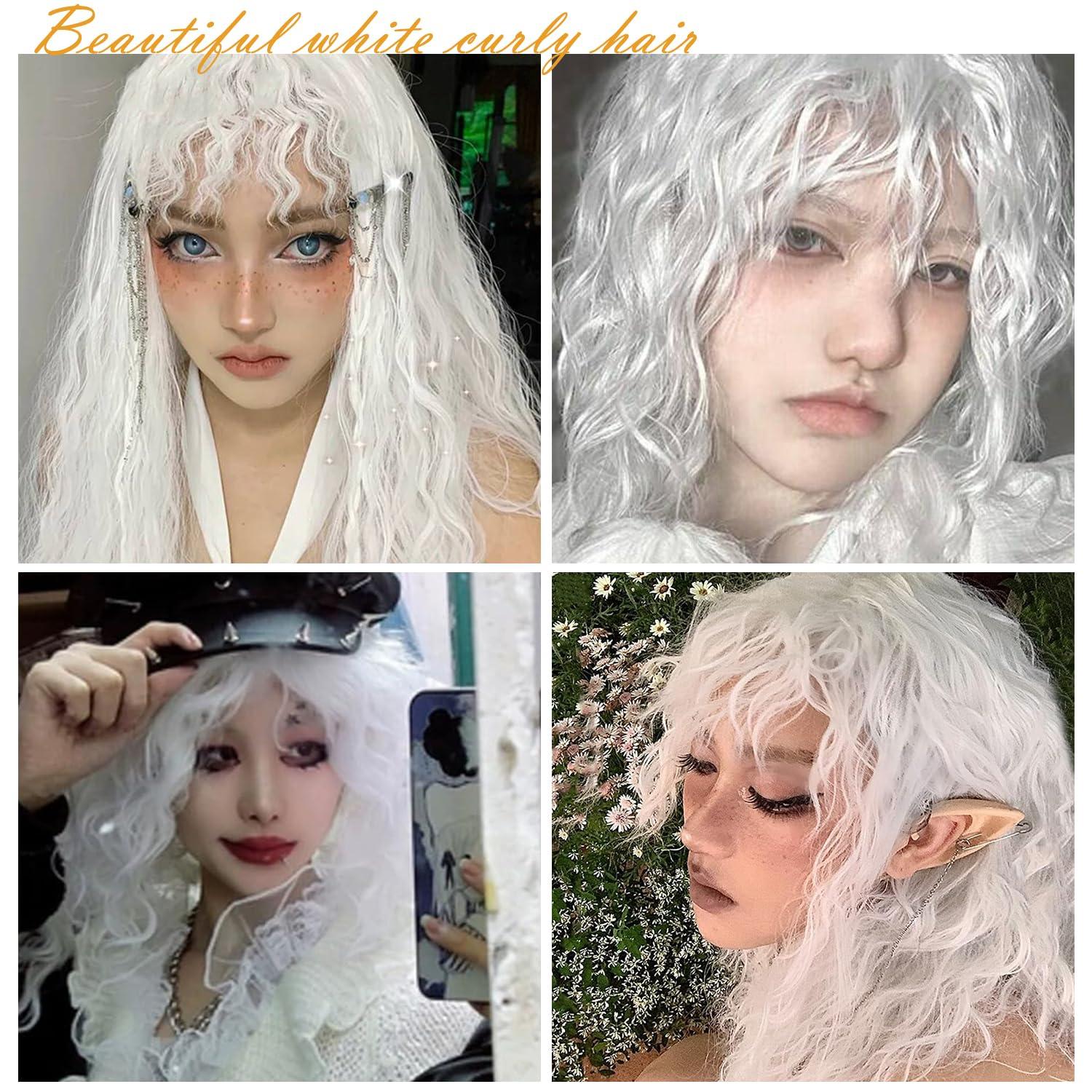 imageSEVENCOLORS Long Black Wavy Wigs for Women Natural Soft Hair Black Wig with Bangs Synthetic Fluffy Curly Wigs for Daily Party CosplayWhite