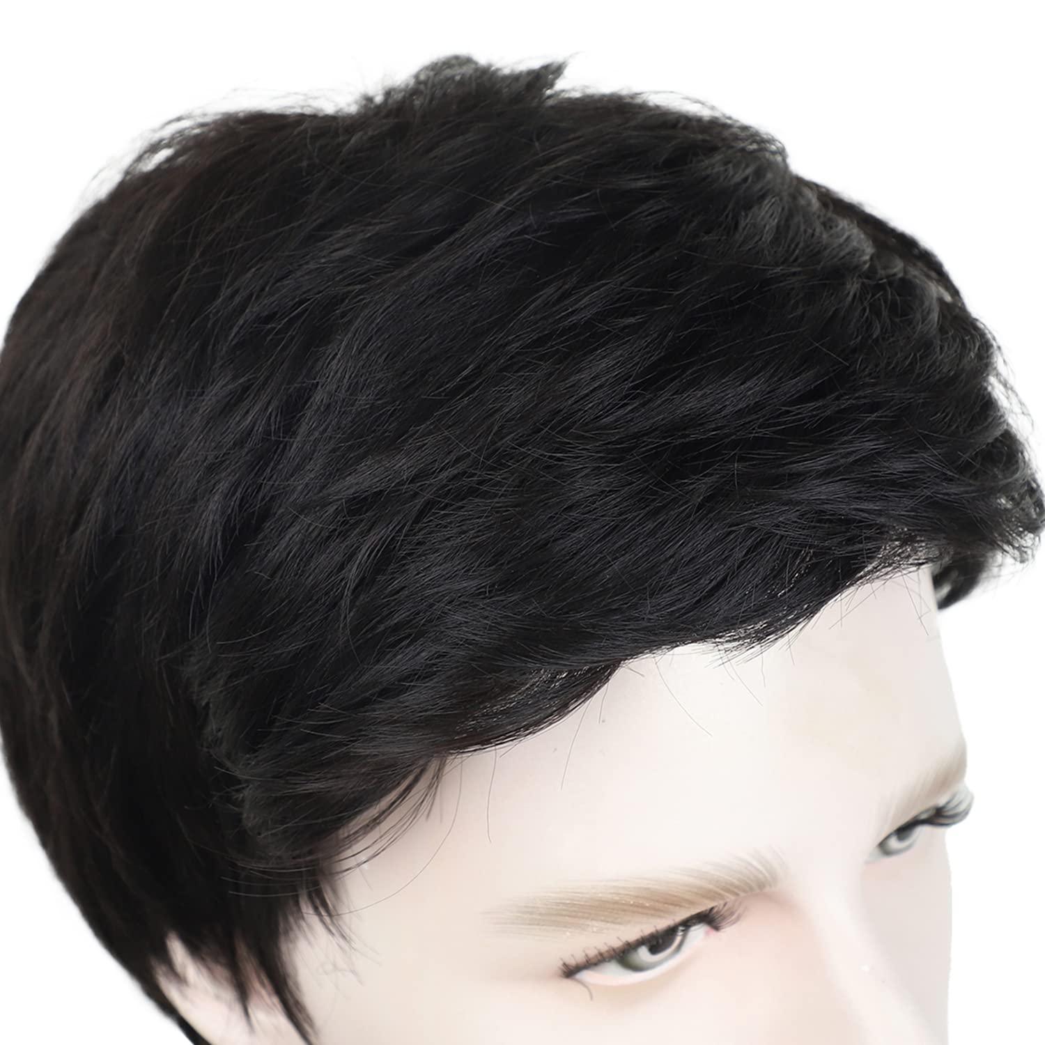imageSEVENCOLORS Mens Wig Short Auburn Wigs for Men Natural Layered Reddish Synthetic Wigs Daily Cosplay Costume Buzz Cut Male WigNatural black