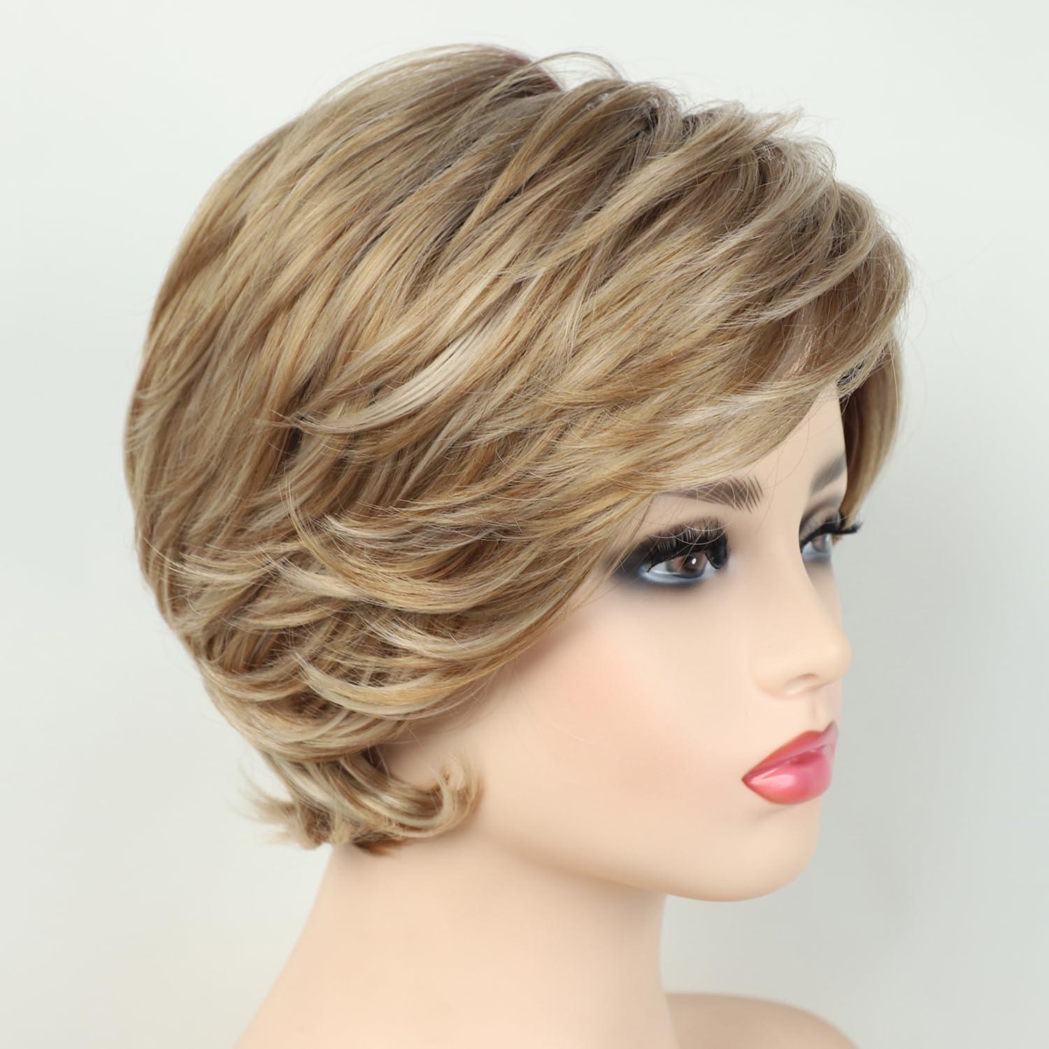 imageSEVENCOLORS Short Blonde Wigs for White Women Layered Wavy Pixie Cut Wig with Bangs Synthetic Hair Blond Highlights Wigs Natural Looking
