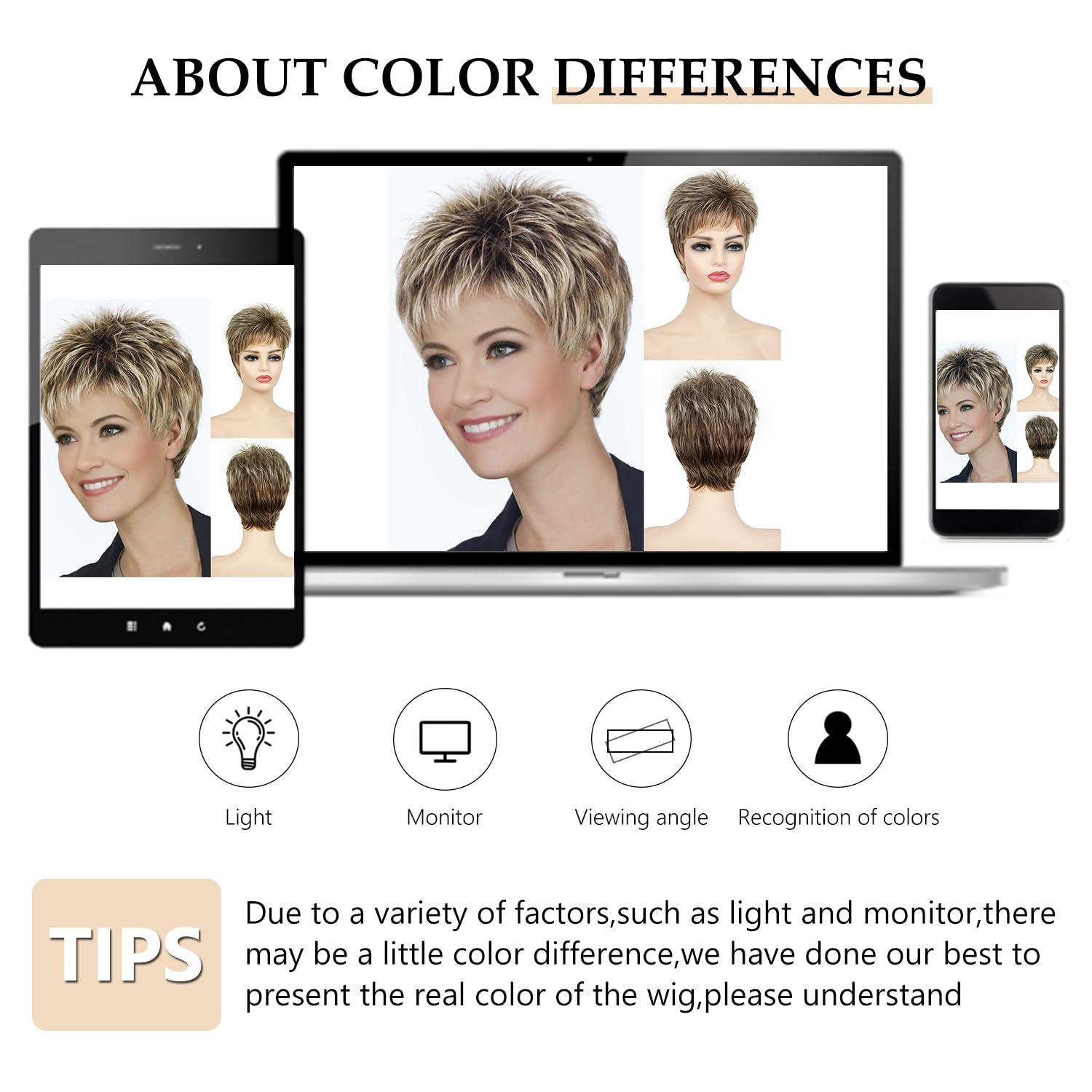 imageSEVENCOLORS Short Blonde Wigs for White Women Synthetic Hair Mixed Brown Wigs with Bangs Natural Layered Pixie Cut Wig for WomenBlonde with dark root