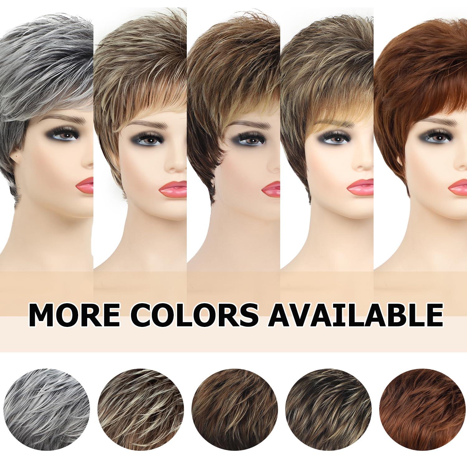 imageSEVENCOLORS Short Blonde Wigs for White Women Synthetic Hair Mixed Brown Wigs with Bangs Natural Layered Pixie Cut Wig for WomenBrown mixed blonde