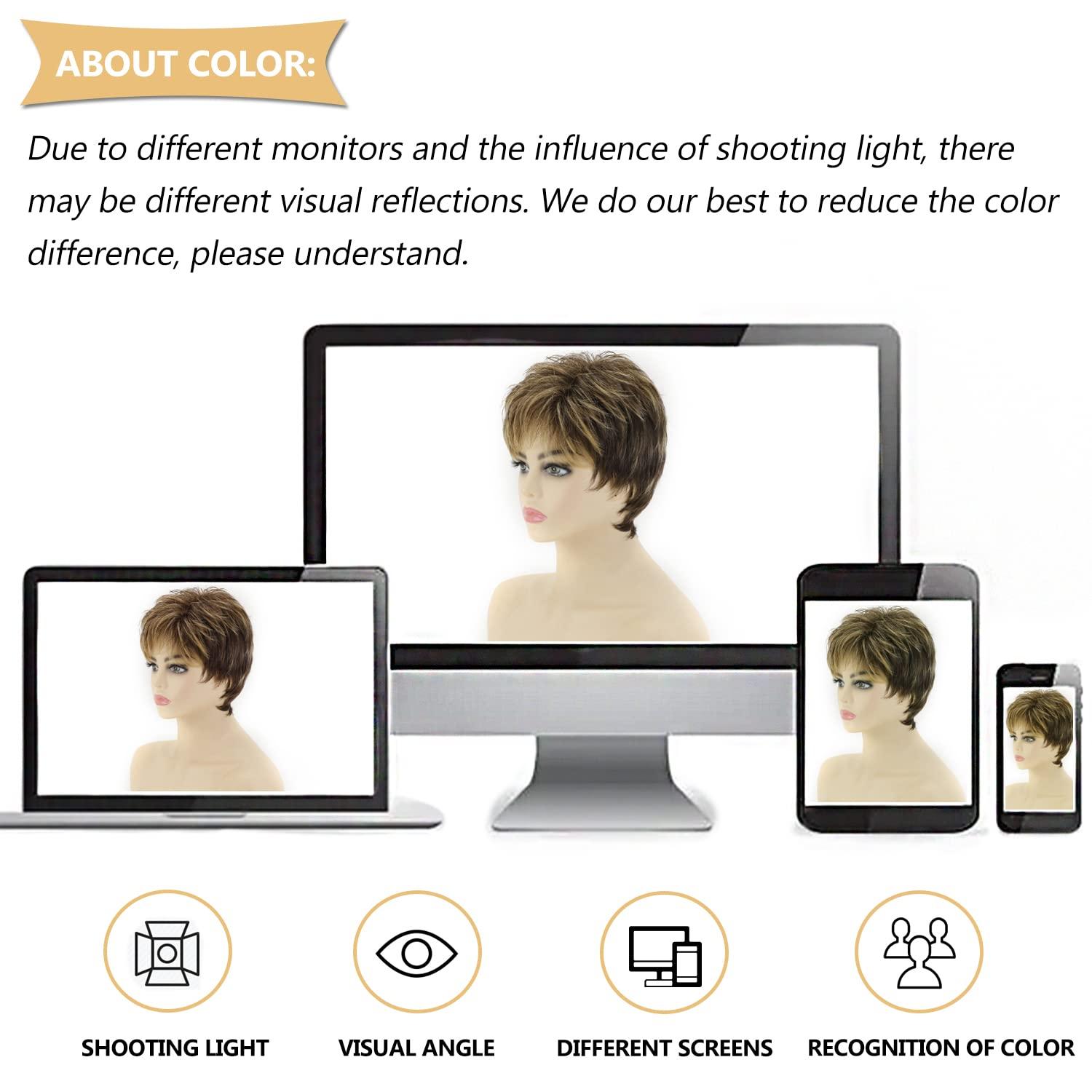 imageSEVENCOLORS Short Blonde Wigs for White Women Synthetic Hair Mixed Brown Wigs with Bangs Natural Layered Pixie Cut Wig for WomenBrown mixed blonde