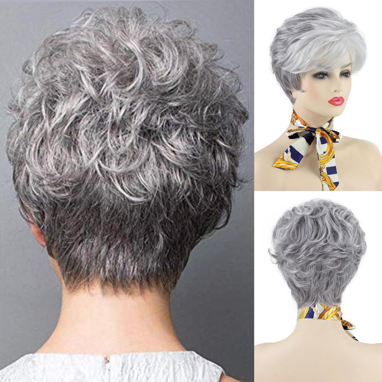 imageSEVENCOLORS Short Blonde Wigs for White Women Synthetic Hair Mixed Brown Wigs with Bangs Natural Layered Pixie Cut Wig for Womengray curly pixie wig