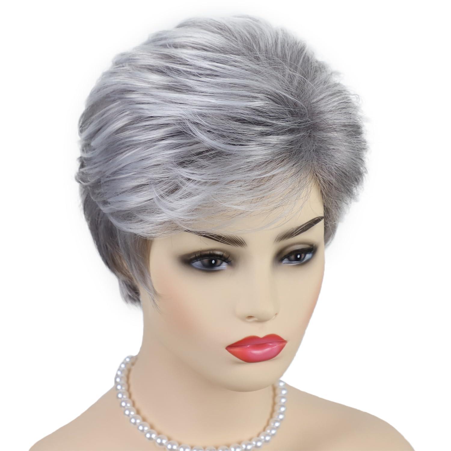 imageSEVENCOLORS Short Blonde Wigs for White Women Synthetic Hair Mixed Brown Wigs with Bangs Natural Layered Pixie Cut Wig for Womensilver pixie cut wig