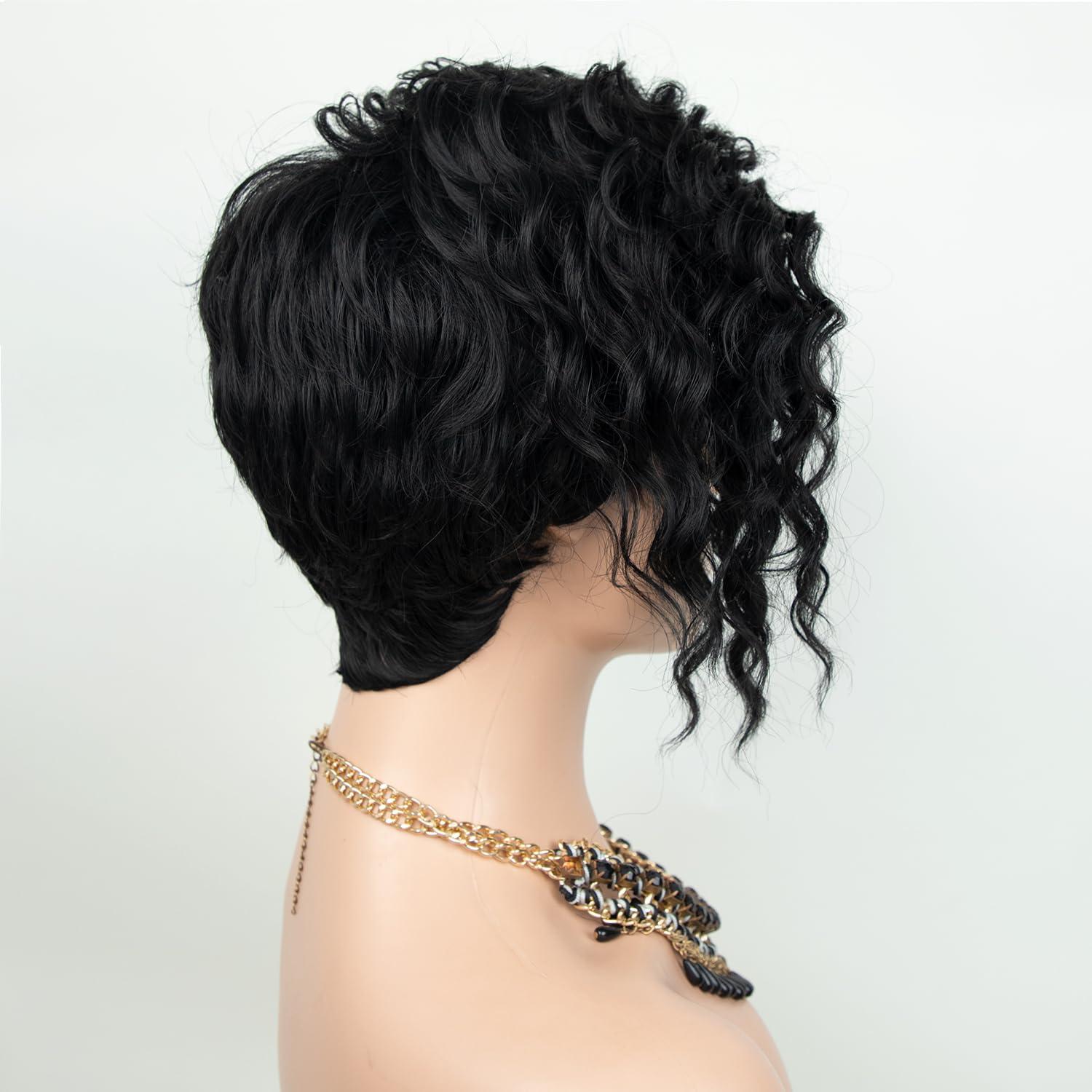 imageSEVENCOLORS Short Brown Curly Wigs for Black Women Pixie Cut Bob Wigs Synthetic Hair Short Wavy Wigs with Bangs Asymmetrical Brown and Black WigBlack
