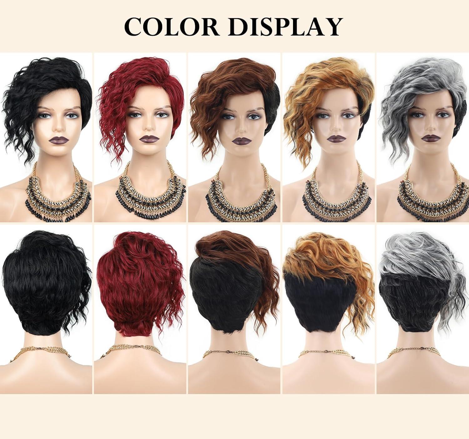 imageSEVENCOLORS Short Brown Curly Wigs for Black Women Pixie Cut Bob Wigs Synthetic Hair Short Wavy Wigs with Bangs Asymmetrical Brown and Black WigBlonde mixed black