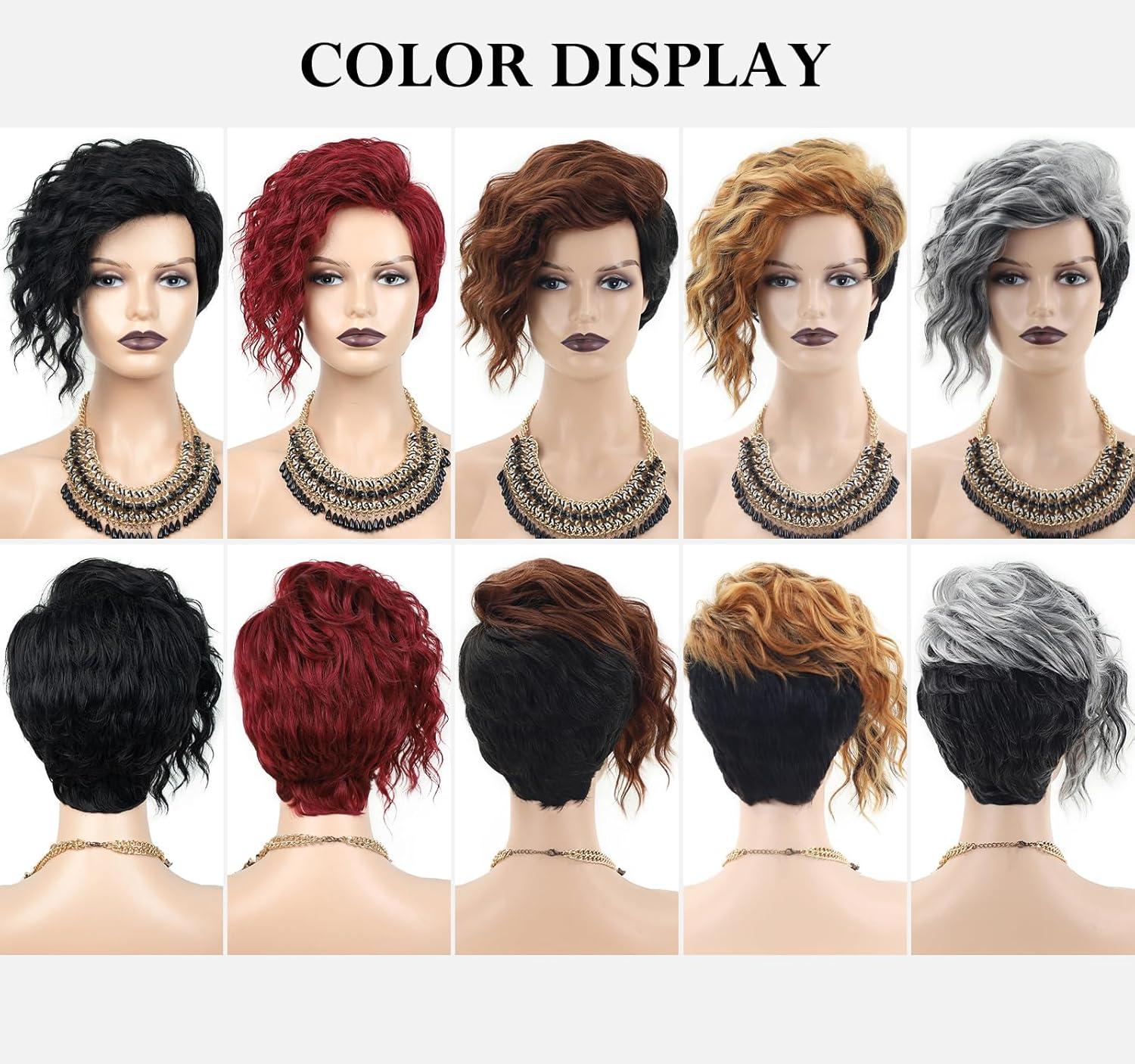 imageSEVENCOLORS Short Brown Curly Wigs for Black Women Pixie Cut Bob Wigs Synthetic Hair Short Wavy Wigs with Bangs Asymmetrical Brown and Black WigGrey mixed black