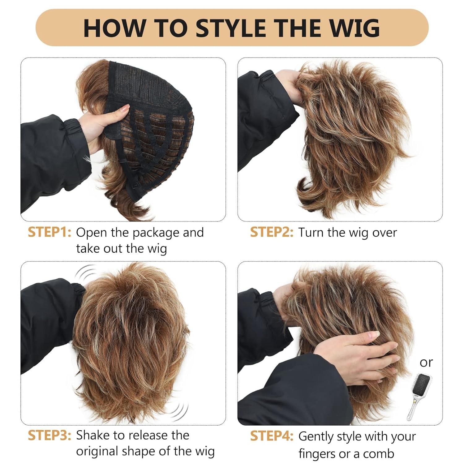 imageSEVENCOLORS Short Brown Mixed Blonde Wigs for White Women Layered Natural Dark Brown Pixie Wig with Highlights Synthetic Hair Womens WigsMixed blonde