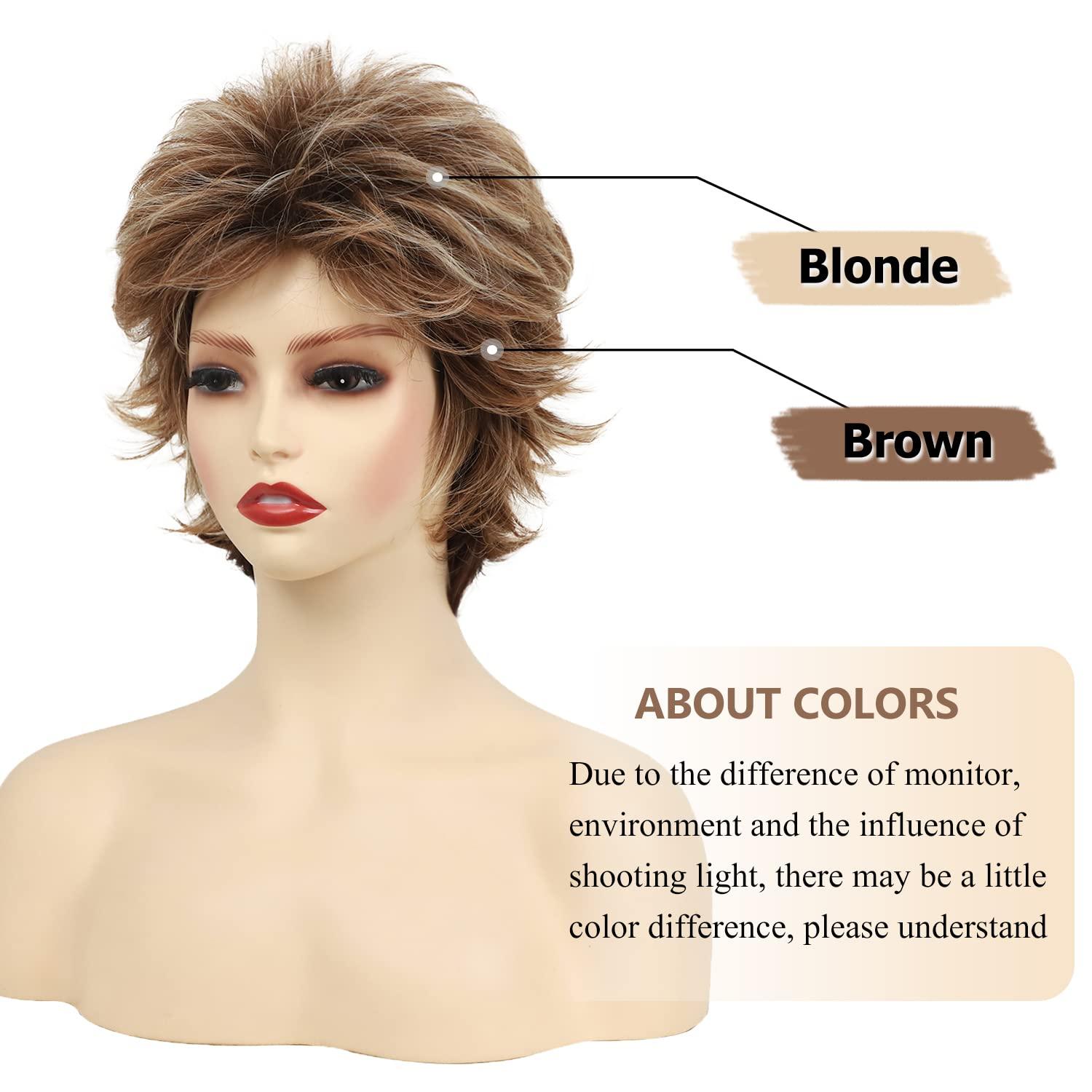imageSEVENCOLORS Short Brown Mixed Blonde Wigs for White Women Layered Natural Dark Brown Pixie Wig with Highlights Synthetic Hair Womens WigsMixed blonde