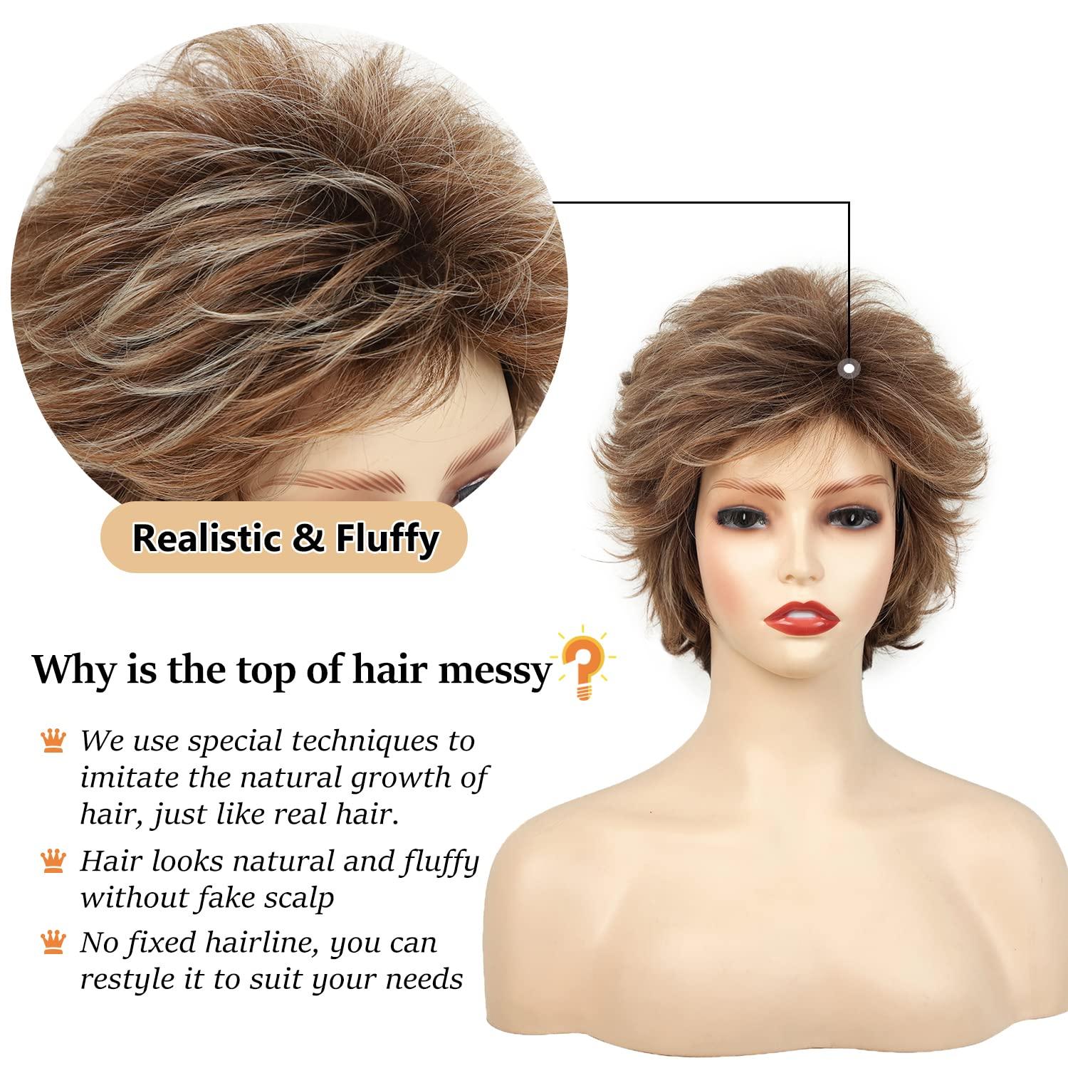 imageSEVENCOLORS Short Brown Mixed Blonde Wigs for White Women Layered Natural Dark Brown Pixie Wig with Highlights Synthetic Hair Womens WigsMixed blonde