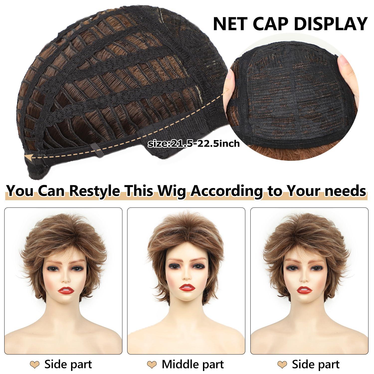 imageSEVENCOLORS Short Brown Mixed Blonde Wigs for White Women Layered Natural Dark Brown Pixie Wig with Highlights Synthetic Hair Womens WigsMixed blonde