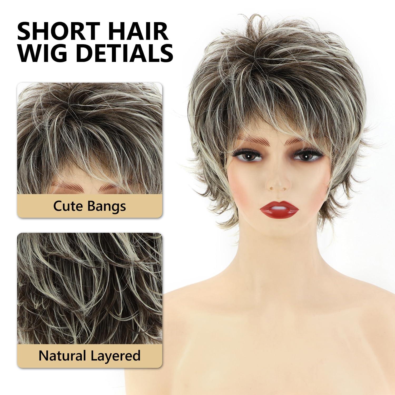 imageSEVENCOLORS Short Brown Mixed Blonde Wigs for White Women Layered Natural Dark Brown Pixie Wig with Highlights Synthetic Hair Womens WigsMixed brown