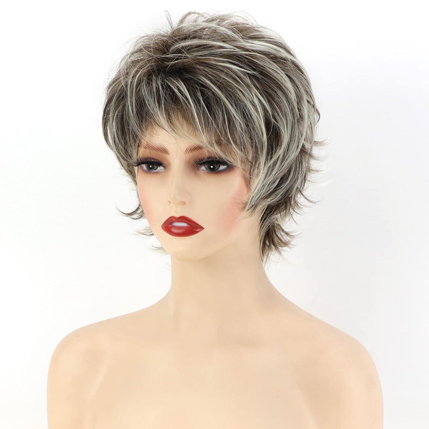 imageSEVENCOLORS Short Brown Mixed Blonde Wigs for White Women Layered Natural Dark Brown Pixie Wig with Highlights Synthetic Hair Womens WigsMixed brown