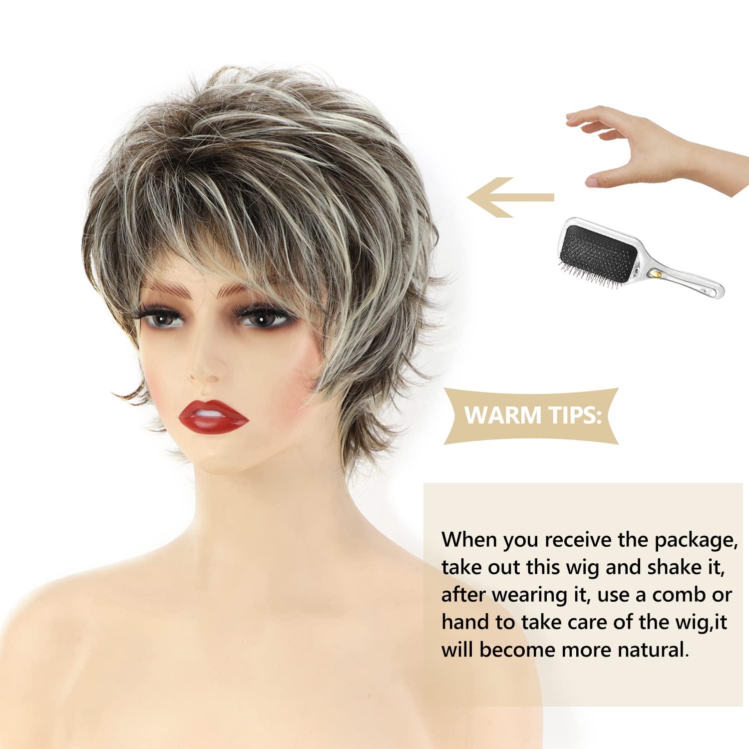 imageSEVENCOLORS Short Brown Mixed Blonde Wigs for White Women Layered Natural Dark Brown Pixie Wig with Highlights Synthetic Hair Womens WigsMixed brown