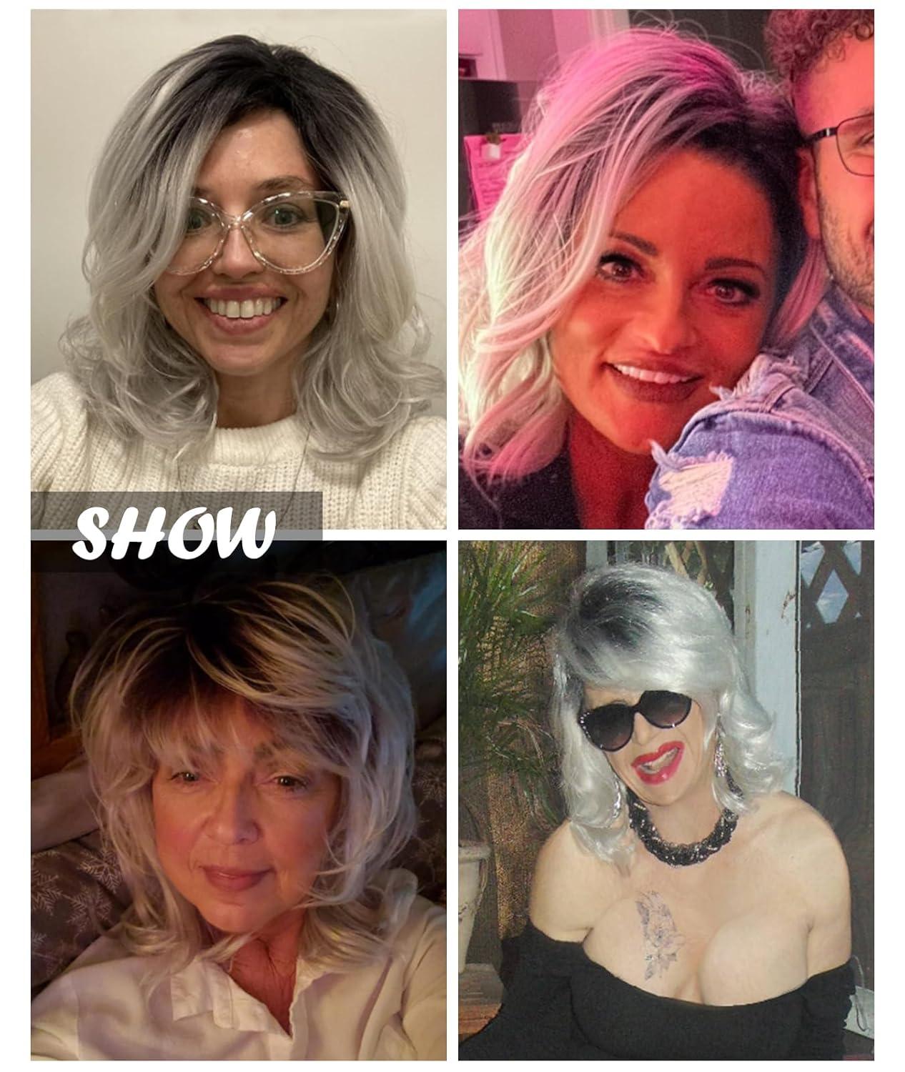 imageSEVENCOLORS Short Grey Wavy Wigs for White Women Ombre Silver Bob Wig with Dark Roots Synthetic Hair Natural Looking Gray White WigsSilver grey
