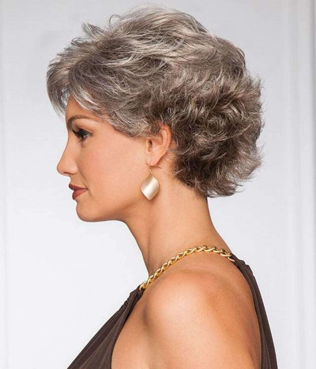 imageSEVENCOLORS Short Grey Wigs for Women Lace Front Silver Gray Short Wavy Bob Wigs Natural Hair Synthetic Wigs for Older White WomenMixed dark grey