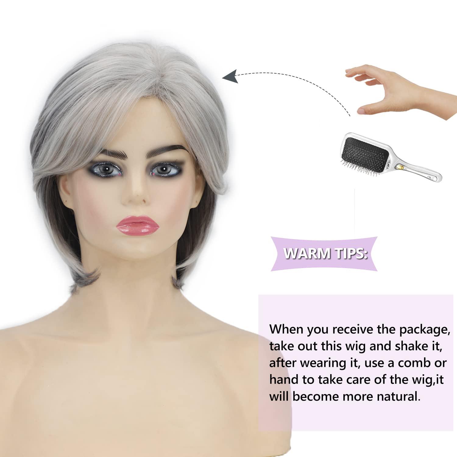 imageSEVENCOLORS Short Grey Wigs for Women Lace Front Silver Gray Short Wavy Bob Wigs Natural Hair Synthetic Wigs for Older White WomenShort Mixed Grey Wig
