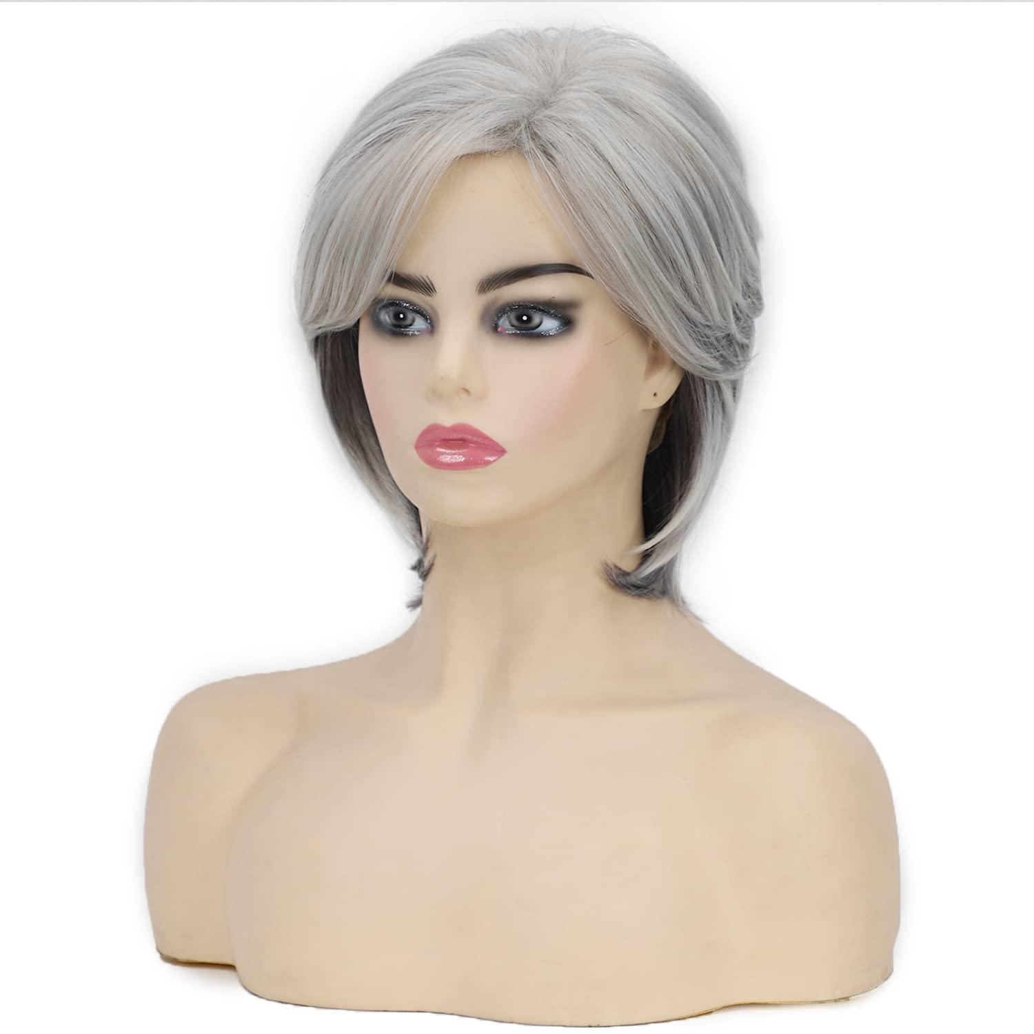 imageSEVENCOLORS Short Grey Wigs for Women Lace Front Silver Gray Short Wavy Bob Wigs Natural Hair Synthetic Wigs for Older White WomenShort Mixed Grey Wig