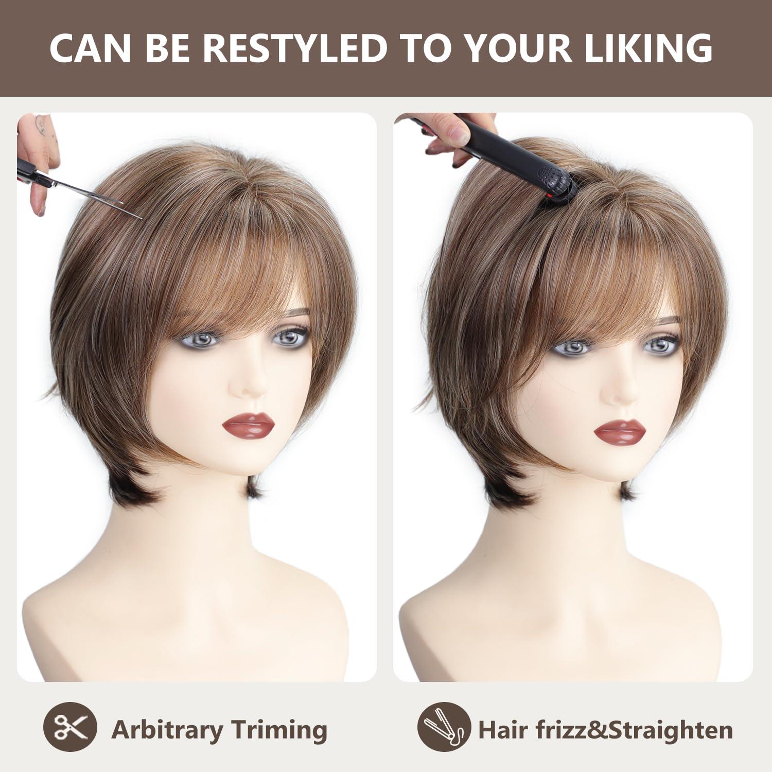 imageSEVENCOLORS Short Mixed Brown Wigs for White Women Natural Layered Short Hair Wigs with Bangs Synthetic Pixie Wig with Blonde Highlights