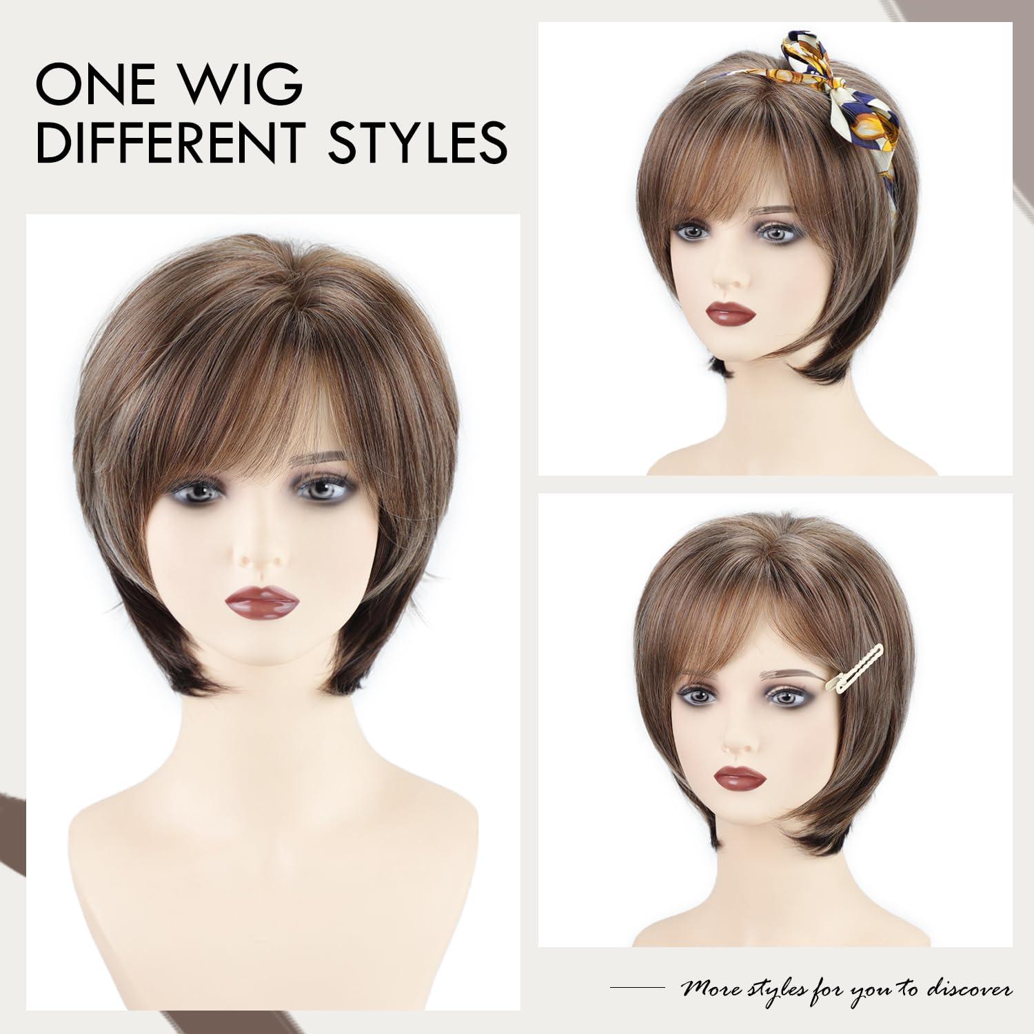 imageSEVENCOLORS Short Mixed Brown Wigs for White Women Natural Layered Short Hair Wigs with Bangs Synthetic Pixie Wig with Blonde Highlights