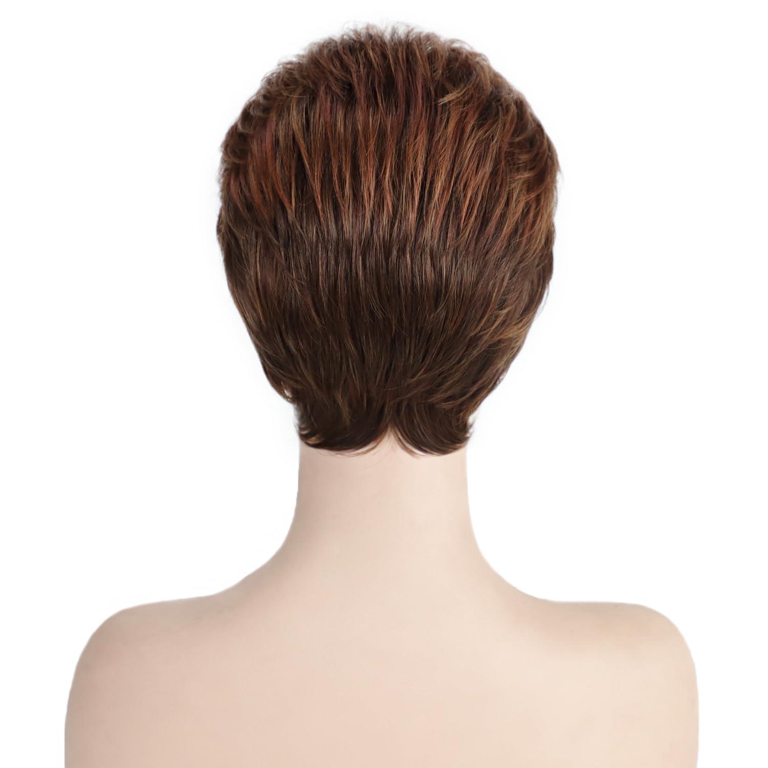imageSEVENCOLORS Short Pixie Wigs for Women Layered Natural Looking Dark Brown Wig with Grey Highlights Synthetic Short Hair Womens WigsAuburn
