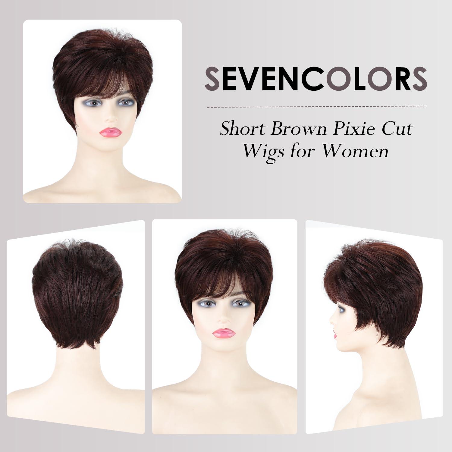 imageSEVENCOLORS Short Pixie Wigs for Women Layered Natural Looking Dark Brown Wig with Grey Highlights Synthetic Short Hair Womens WigsDark brown