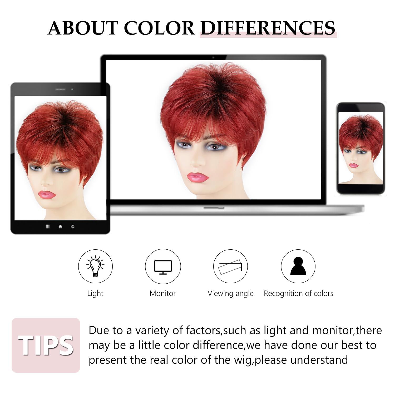 imageSEVENCOLORS Short Pixie Wigs for Women Layered Natural Looking Dark Brown Wig with Grey Highlights Synthetic Short Hair Womens WigsOmbre red
