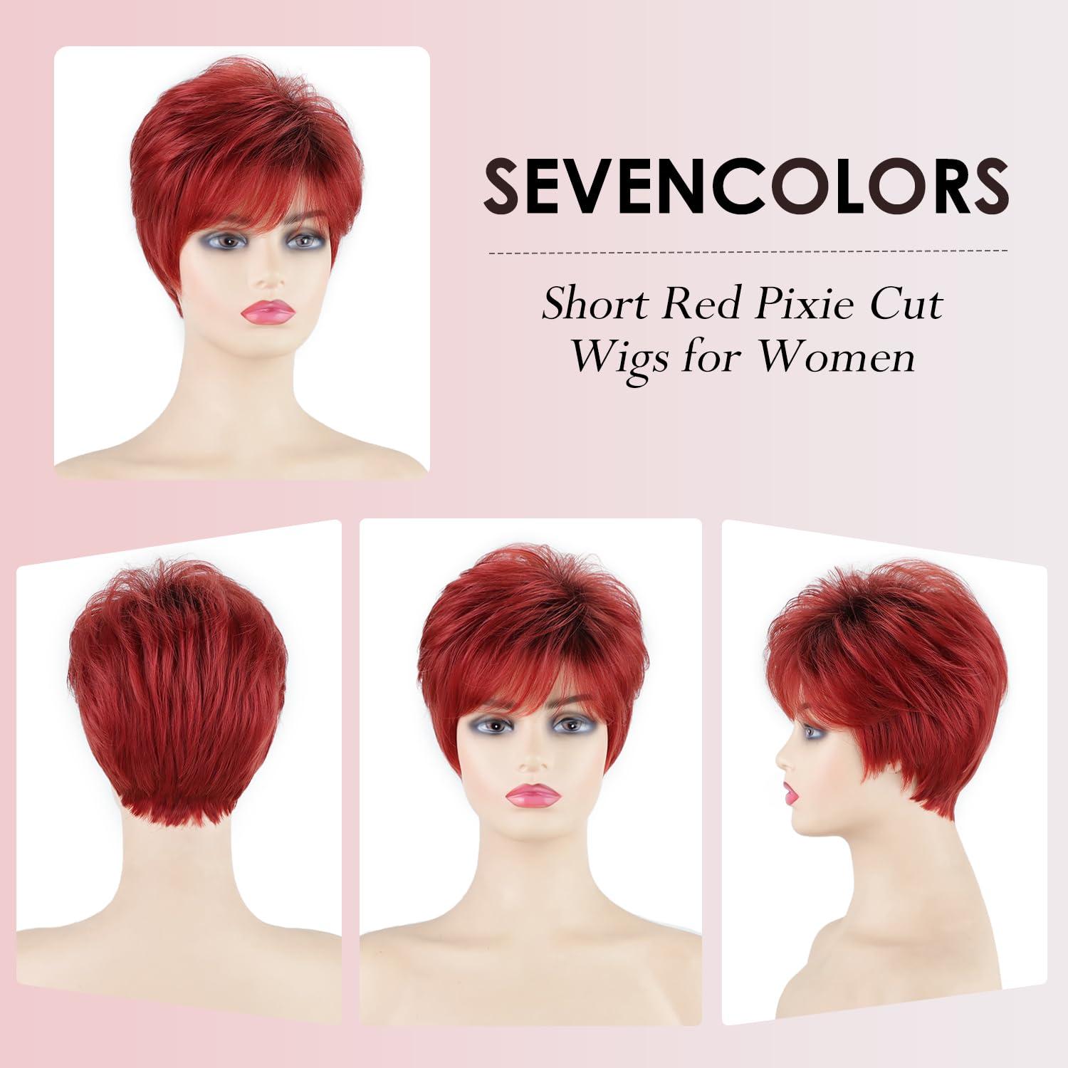 imageSEVENCOLORS Short Pixie Wigs for Women Layered Natural Looking Dark Brown Wig with Grey Highlights Synthetic Short Hair Womens WigsOmbre red