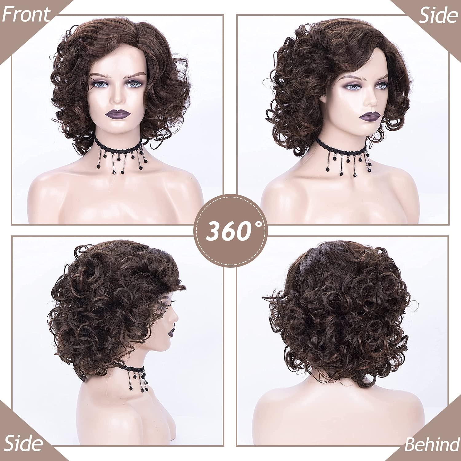 imageSEVENCOLORS Wigs for Black Women Afro Short Curly Bob Wigs Synthetic Hair African American Wig Natural Looking Glueless Big Curly WigsBrown Mixed BlondeMixed brown