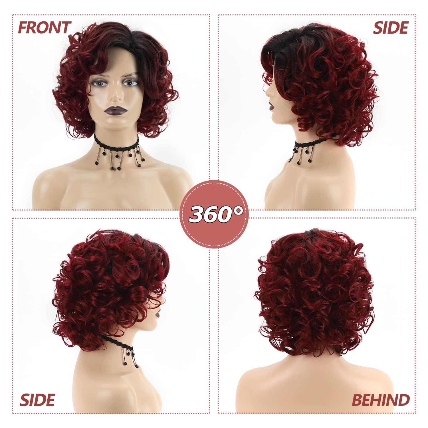 imageSEVENCOLORS Wigs for Black Women Afro Short Curly Bob Wigs Synthetic Hair African American Wig Natural Looking Glueless Big Curly WigsBrown Mixed BlondeOmbre burgundy