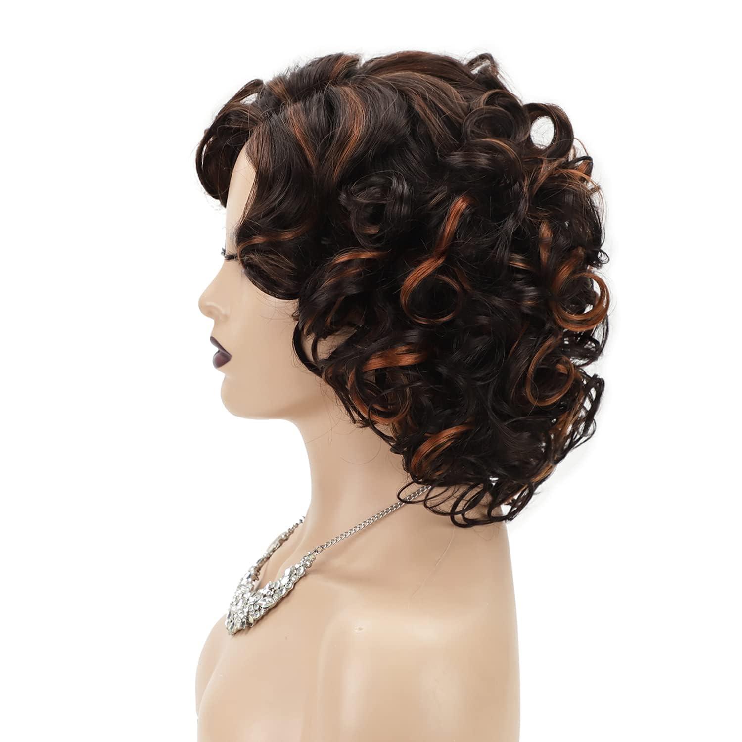 imageSEVENCOLORS Wigs for Black Women Afro Short Curly Bob Wigs Synthetic Hair African American Wig Natural Looking Glueless Big Curly WigsBrown Mixed BlondeBrown mixed blonde