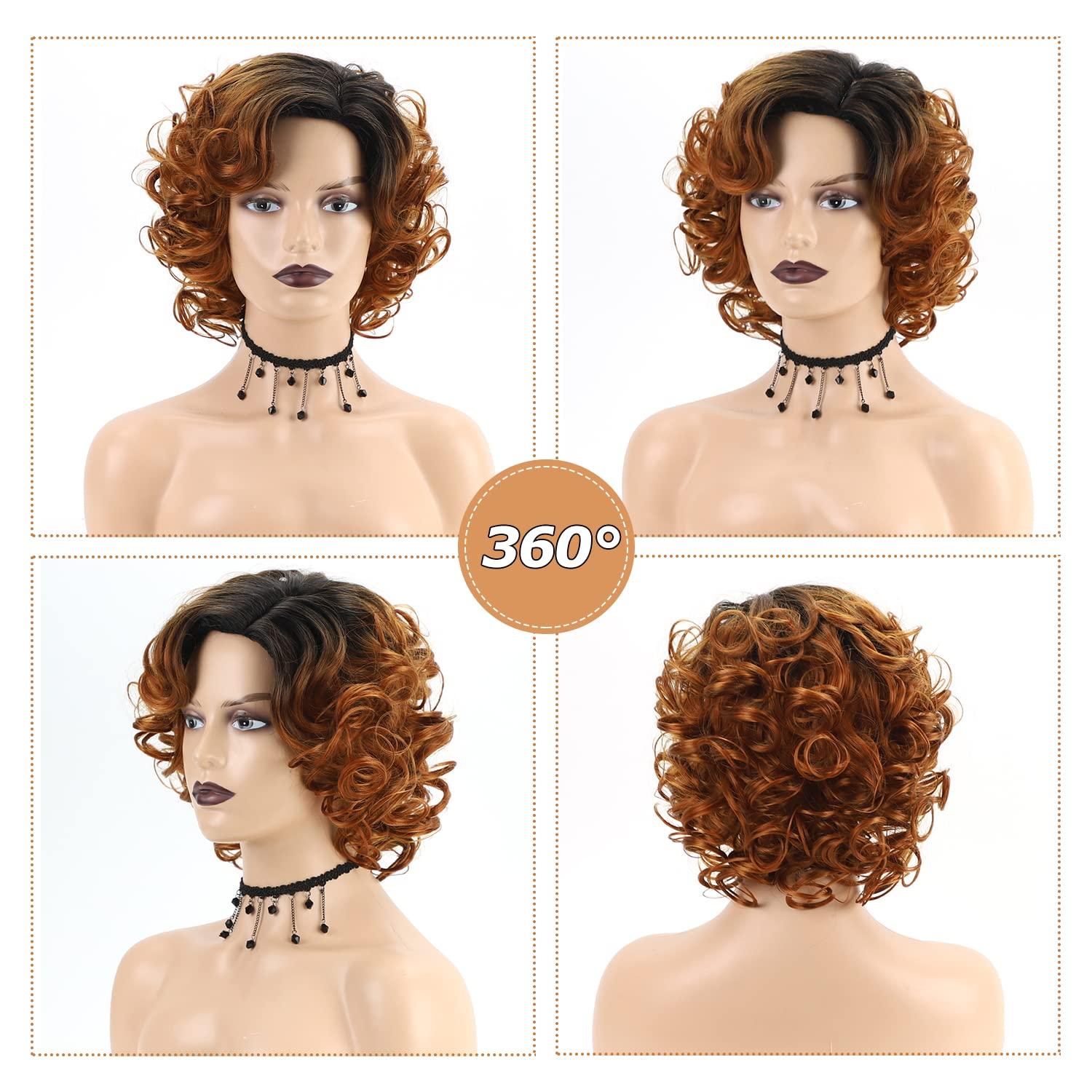 imageSEVENCOLORS Wigs for Black Women Afro Short Curly Bob Wigs Synthetic Hair African American Wig Natural Looking Glueless Big Curly WigsBrown Mixed BlondeOmbre blonde