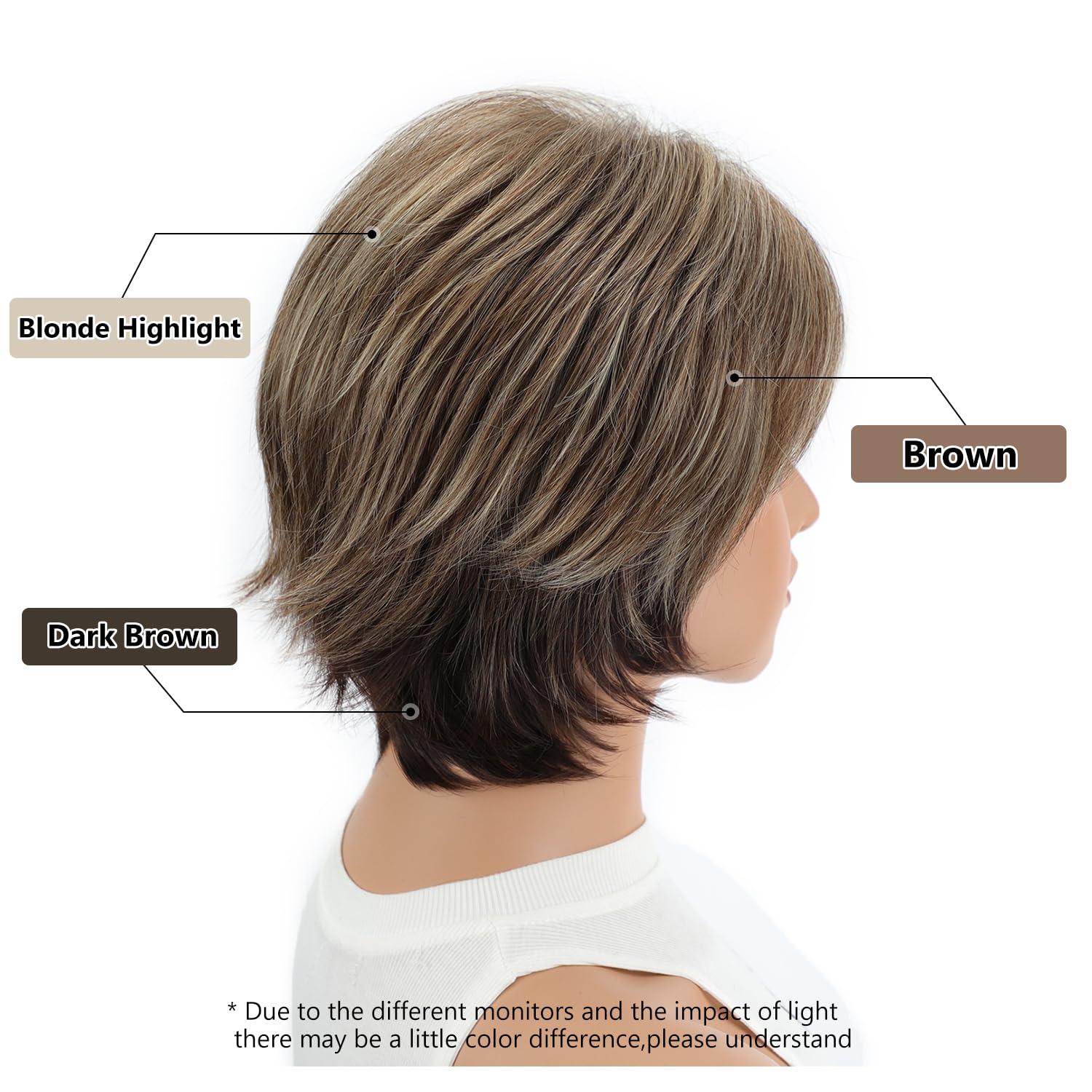 imageShort Mixed Brown Wigs with Dark Roots Natural Layered Short Hair Wigs for White Women Synthetic Blonde Highlights WigsBrown mixed blonde