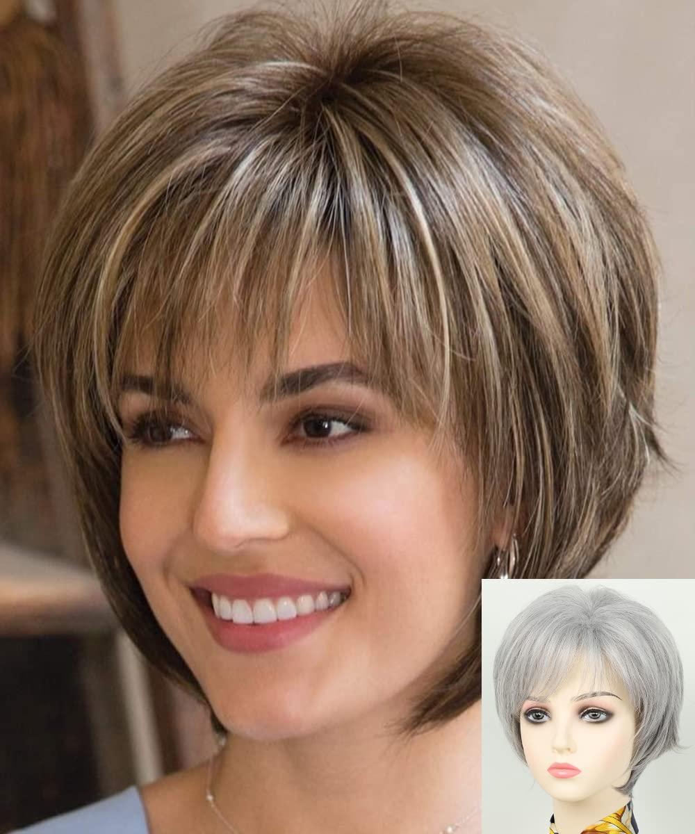 imageShort Mixed Brown Wigs with Dark Roots Natural Layered Short Hair Wigs for White Women Synthetic Blonde Highlights WigsMixed grey