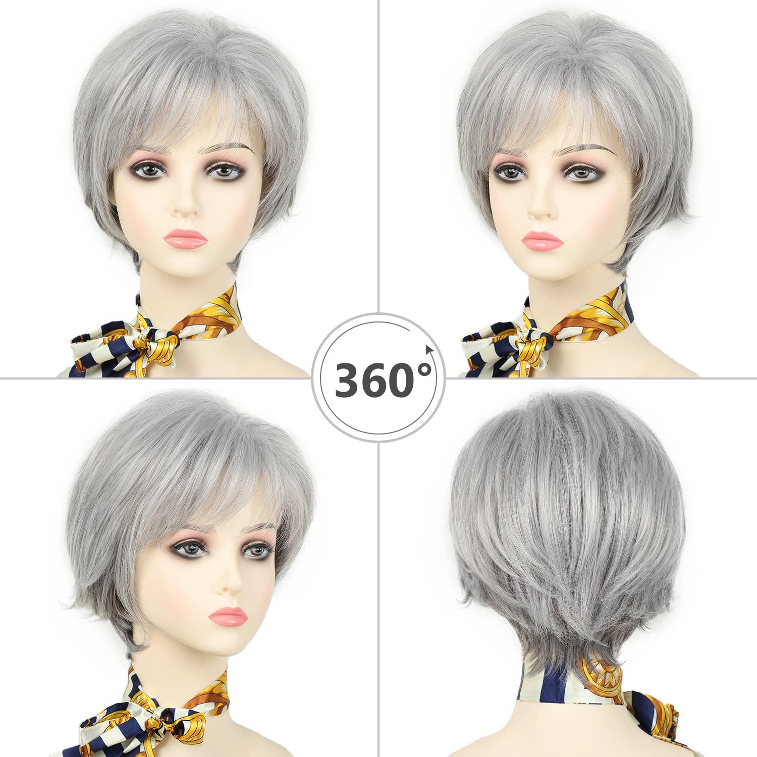 imageShort Mixed Brown Wigs with Dark Roots Natural Layered Short Hair Wigs for White Women Synthetic Blonde Highlights WigsMixed grey