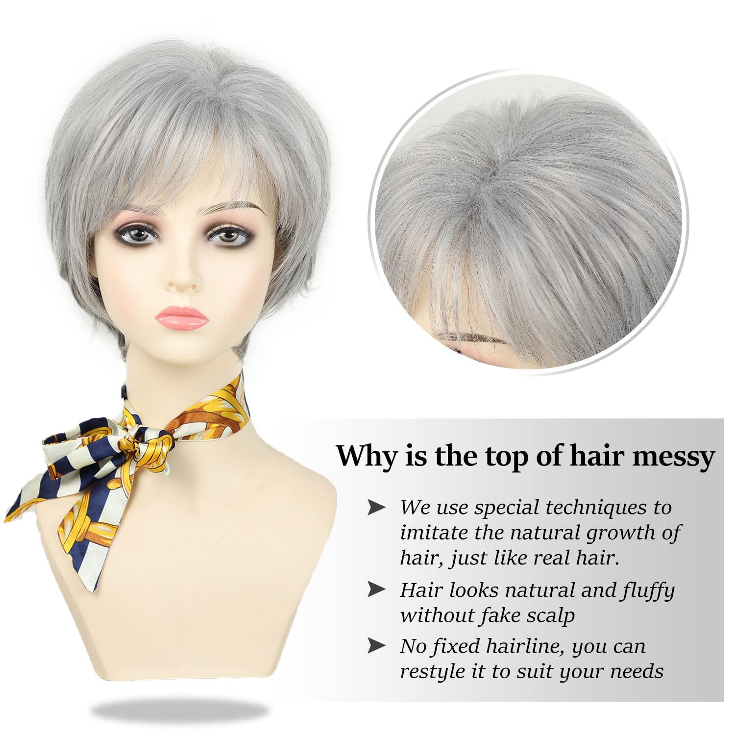 imageShort Mixed Brown Wigs with Dark Roots Natural Layered Short Hair Wigs for White Women Synthetic Blonde Highlights WigsMixed grey
