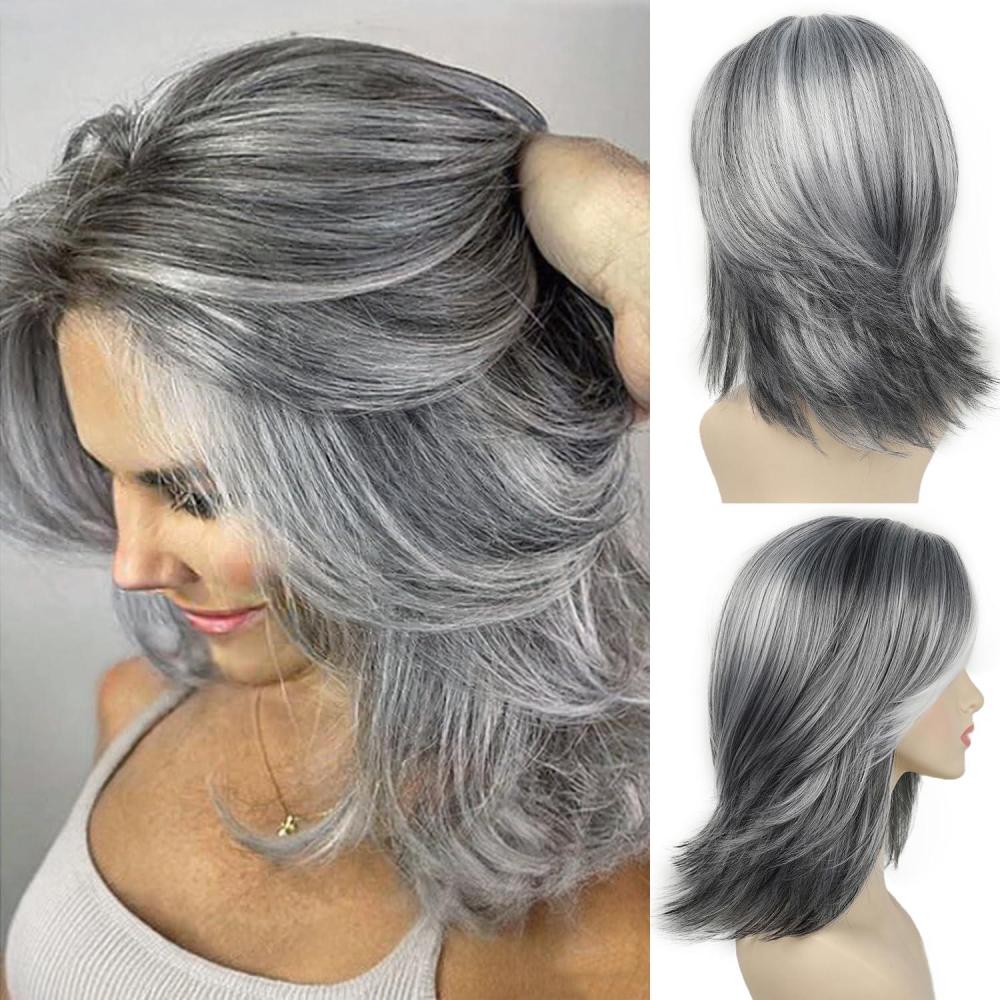 imageSEVENCOLORS Dark Grey Layered Wigs for Women Medium Length Gray Mixed Silver Wig with Curtain Bangs Synthetic Hair Short Wavy Bob WigsMixed silver