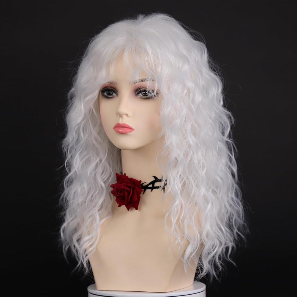 imageSEVENCOLORS Long Black Wavy Wigs for Women Natural Soft Hair Black Wig with Bangs Synthetic Fluffy Curly Wigs for Daily Party CosplayWhite