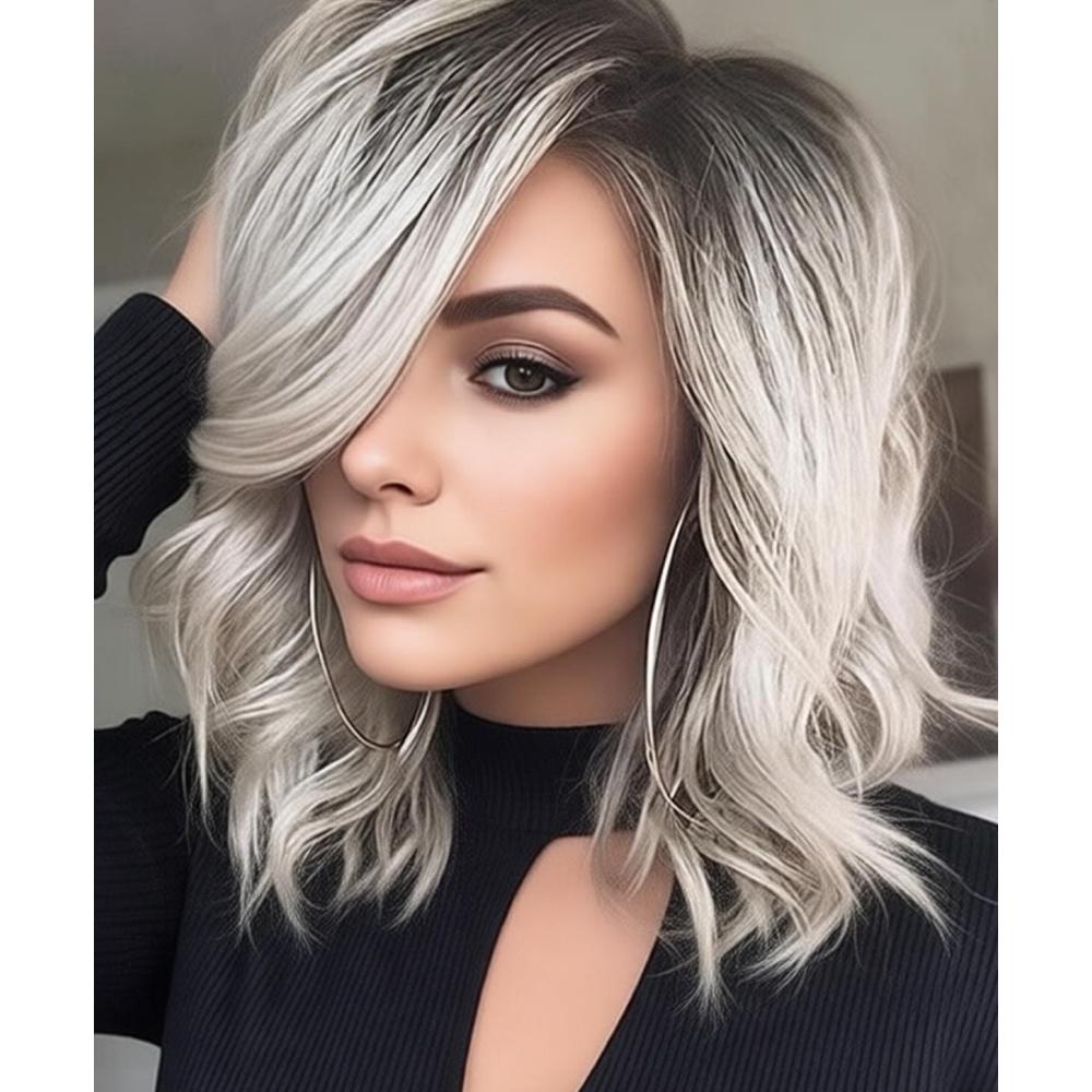 imageSEVENCOLORS Medium Length Strawberry Blonde Wigs for Women Layered Straight Blonde Wigs with Dark Roots Synthetic Hair Wig for Daily Party CosplaySilver grey