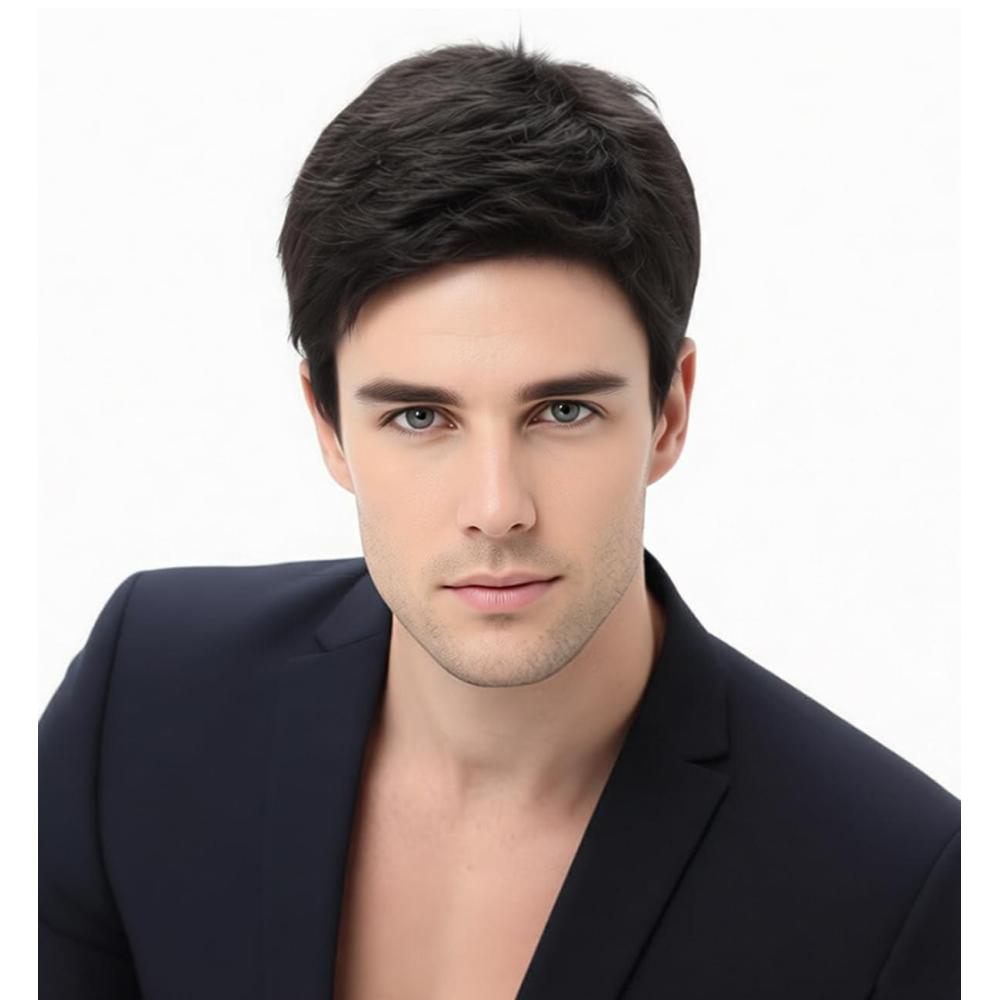 imageSEVENCOLORS Mens Wig Short Auburn Wigs for Men Natural Layered Reddish Synthetic Wigs Daily Cosplay Costume Buzz Cut Male WigNatural black
