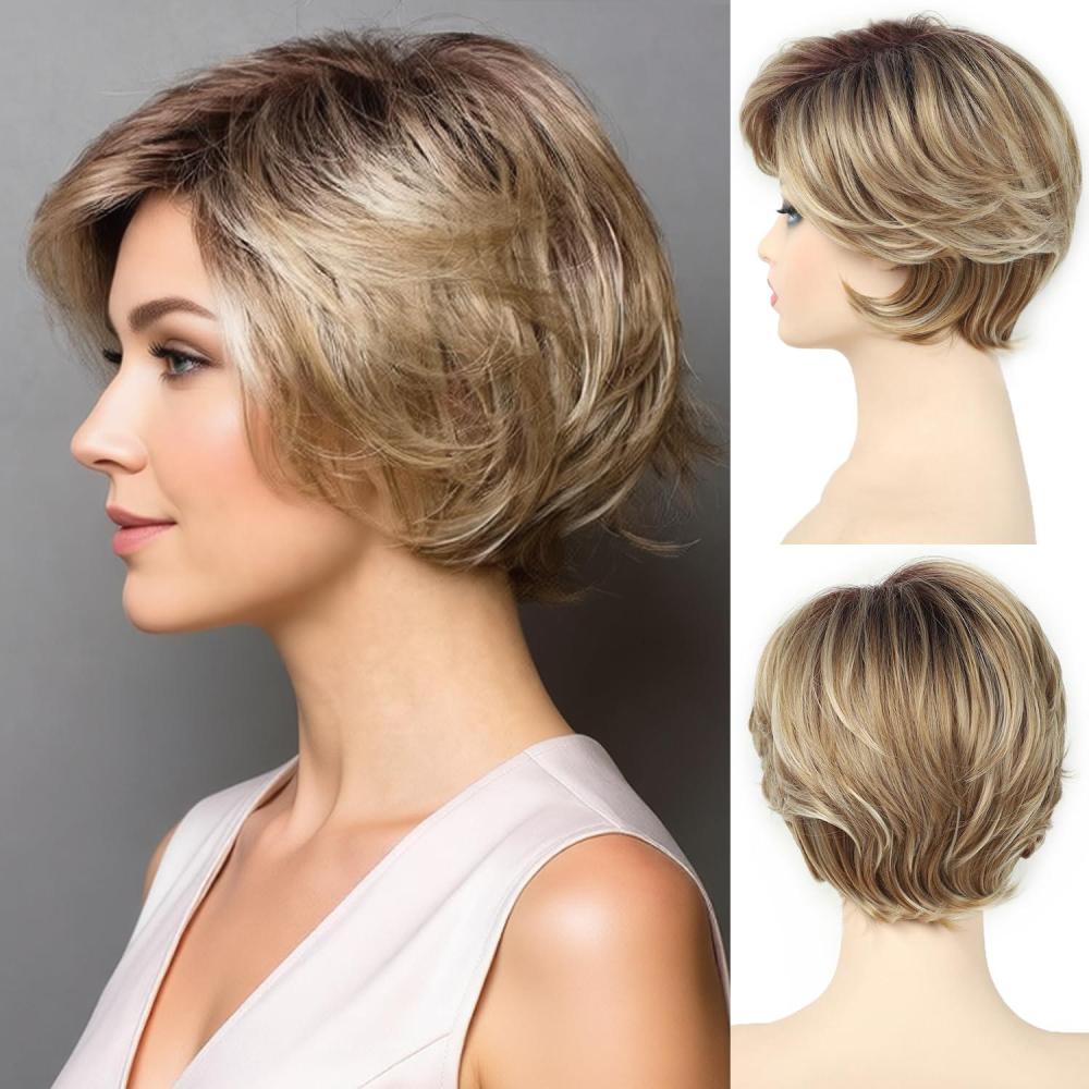 imageSEVENCOLORS Short Blonde Wigs for White Women Layered Wavy Pixie Cut Wig with Bangs Synthetic Hair Blond Highlights Wigs Natural Looking