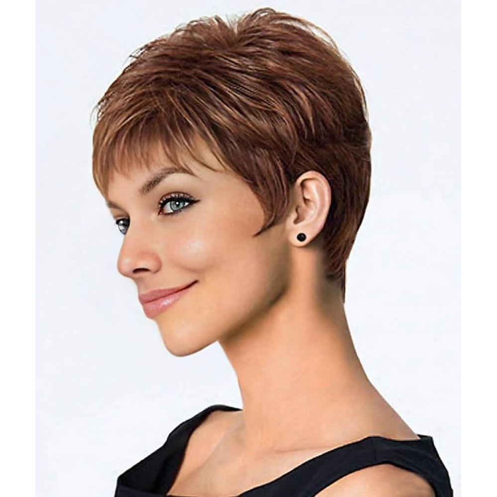 imageSEVENCOLORS Short Blonde Wigs for White Women Synthetic Hair Mixed Brown Wigs with Bangs Natural Layered Pixie Cut Wig for WomenAuburn