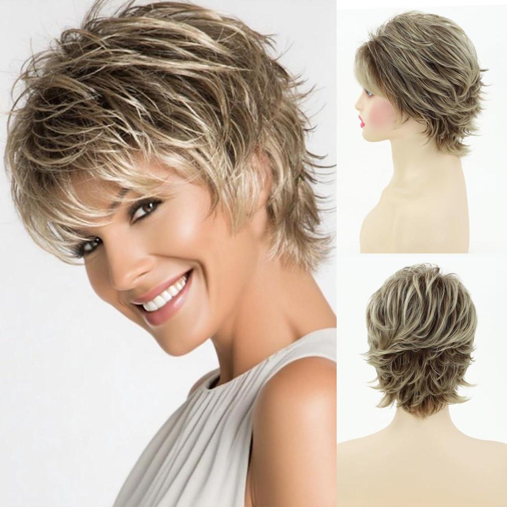 imageSEVENCOLORS Short Blonde Wigs for White Women Synthetic Hair Mixed Brown Wigs with Bangs Natural Layered Pixie Cut Wig for WomenBlonde mixed brown