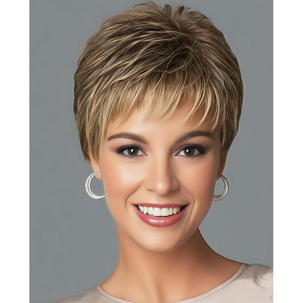 imageSEVENCOLORS Short Blonde Wigs for White Women Synthetic Hair Mixed Brown Wigs with Bangs Natural Layered Pixie Cut Wig for WomenBrown mixed blonde