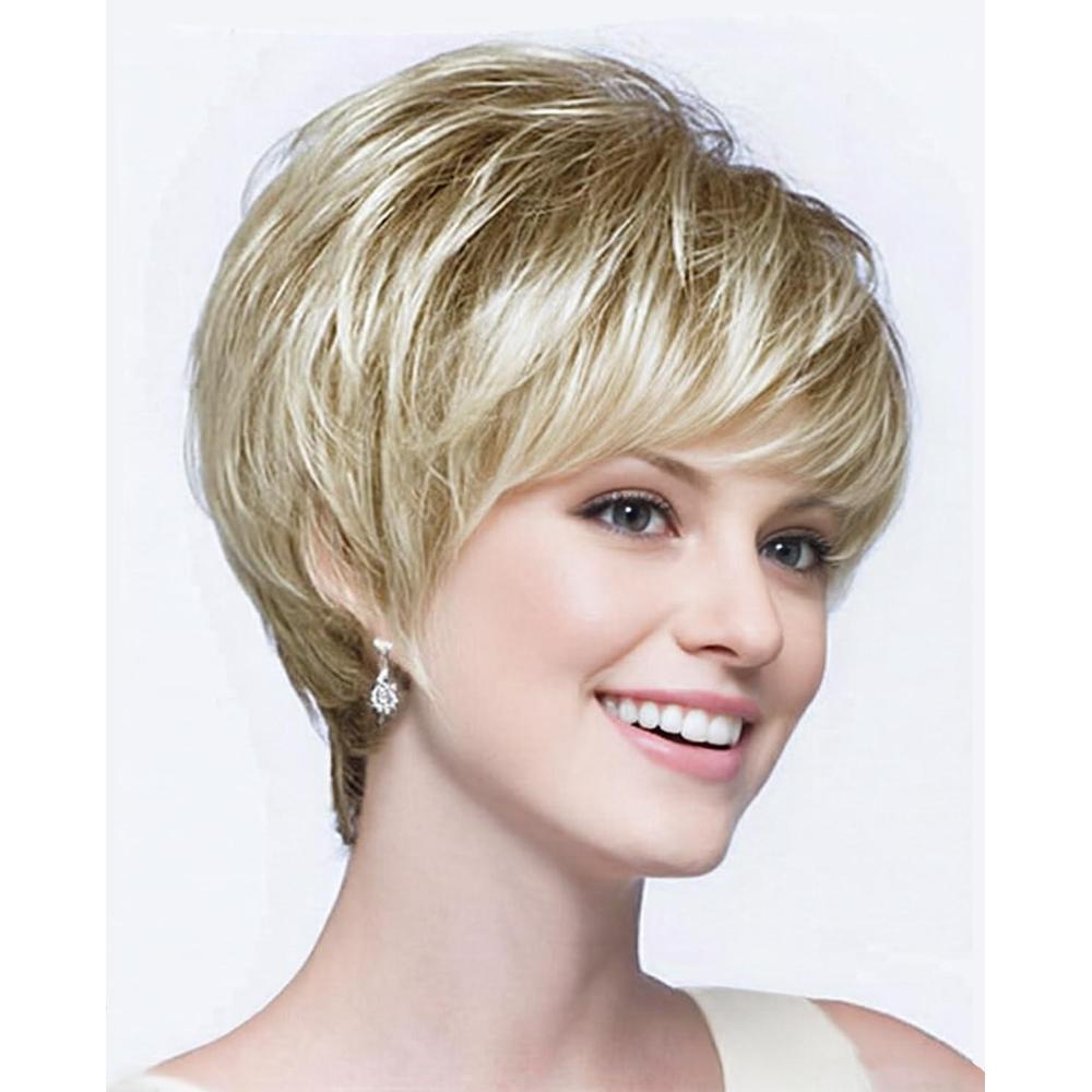 imageSEVENCOLORS Short Blonde Wigs for White Women Synthetic Hair Mixed Brown Wigs with Bangs Natural Layered Pixie Cut Wig for WomenMixed blonde