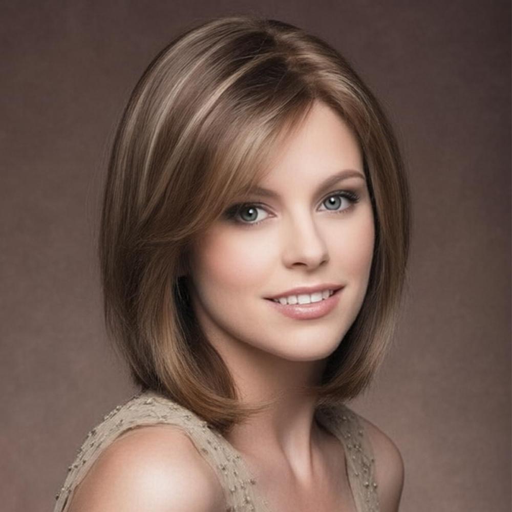 imageSEVENCOLORS Short Blonde Wigs for White Women Synthetic Hair Mixed Brown Wigs with Bangs Natural Layered Pixie Cut Wig for WomenShort brown wigs with highlights
