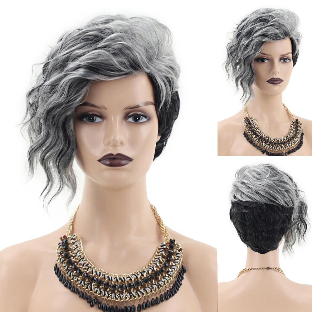 imageSEVENCOLORS Short Brown Curly Wigs for Black Women Pixie Cut Bob Wigs Synthetic Hair Short Wavy Wigs with Bangs Asymmetrical Brown and Black WigGrey mixed black