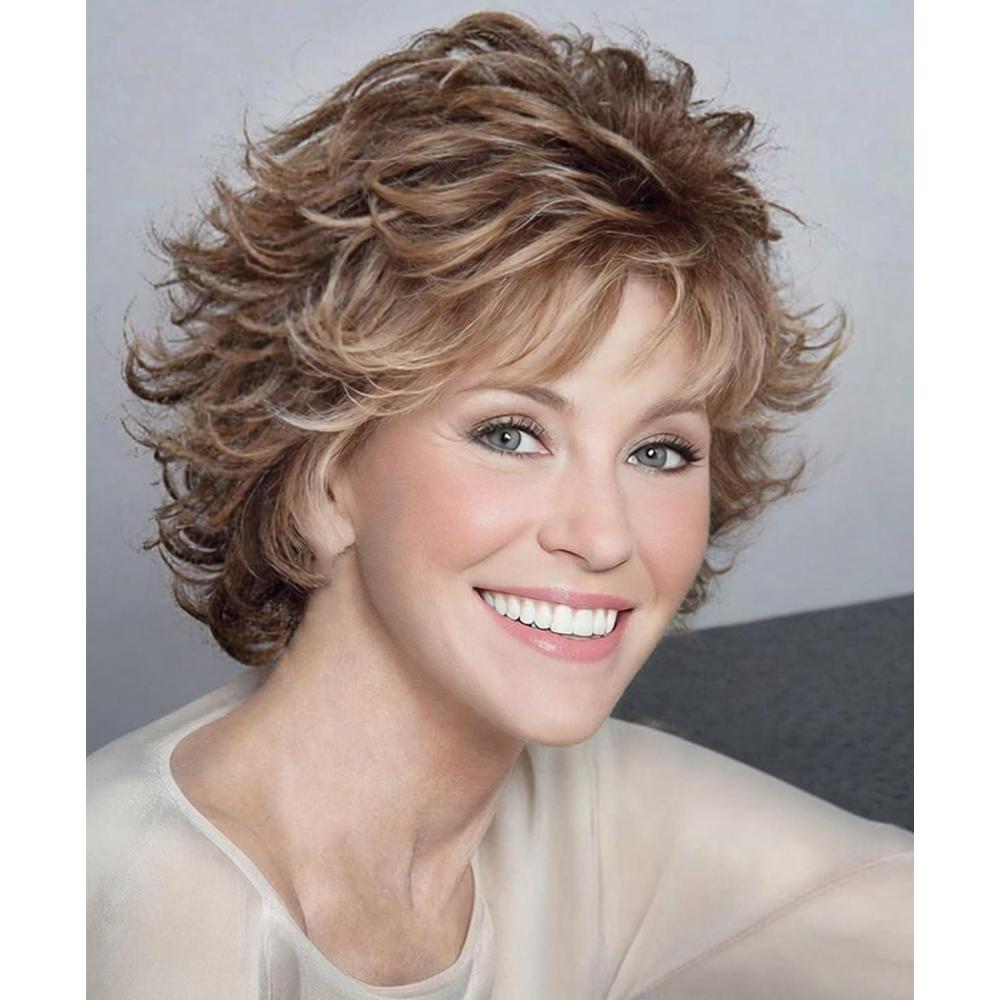 imageSEVENCOLORS Short Brown Mixed Blonde Wigs for White Women Layered Natural Dark Brown Pixie Wig with Highlights Synthetic Hair Womens WigsMixed blonde