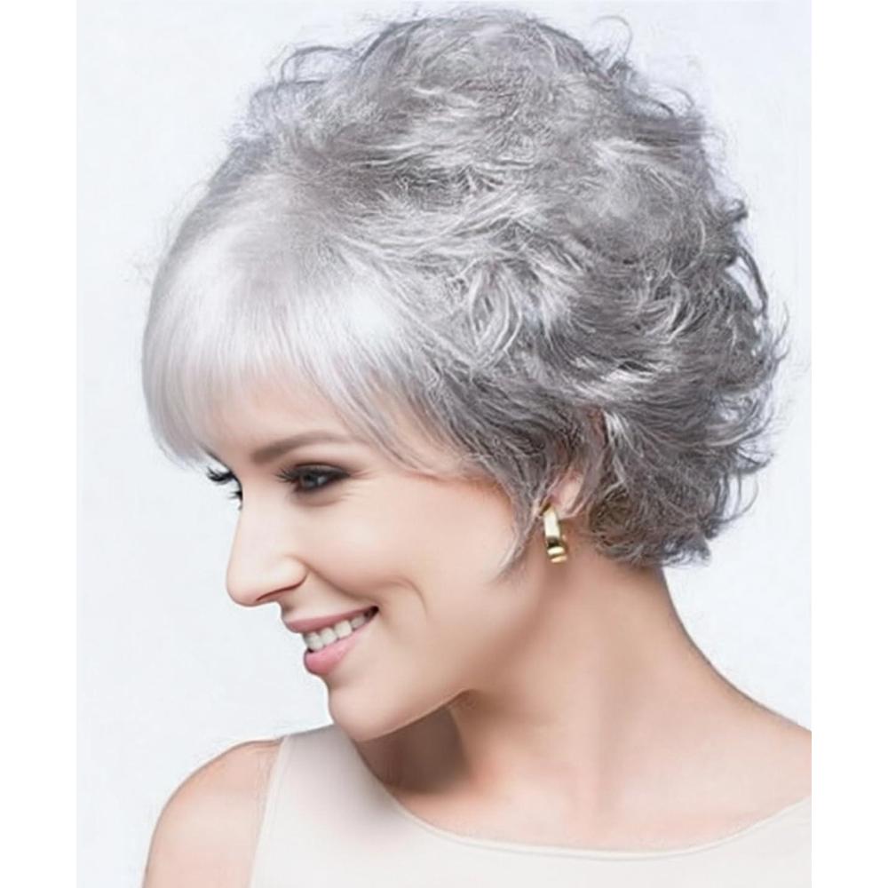 imageSEVENCOLORS Short Gray Wigs for White Women Natural Curly Silver Pixie Cut Wigs with Bangs Synthetic Hair Grey Wig for Older White Women
