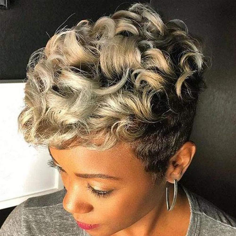 imageSEVENCOLORS Short Grey Curly Wigs for Black Women Pixie Cut Wave Wigs Synthetic Hair Short Gray Mixed Blonde Wigs Natural Looking